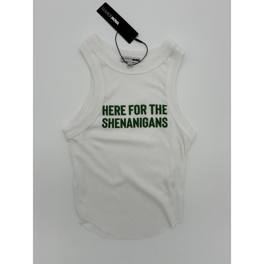 Fashion Nova Ribbed Knit Cotton Blend Tank Top Here For The Shenanigans White XS